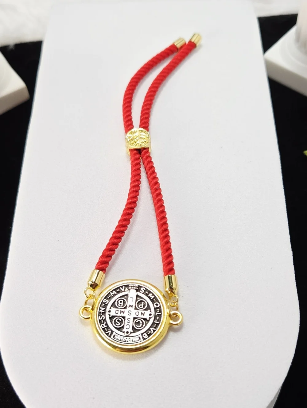 St. Benedict Red Cord Bracelet Adjustable 18K Gold Plated Medal Protection Faith